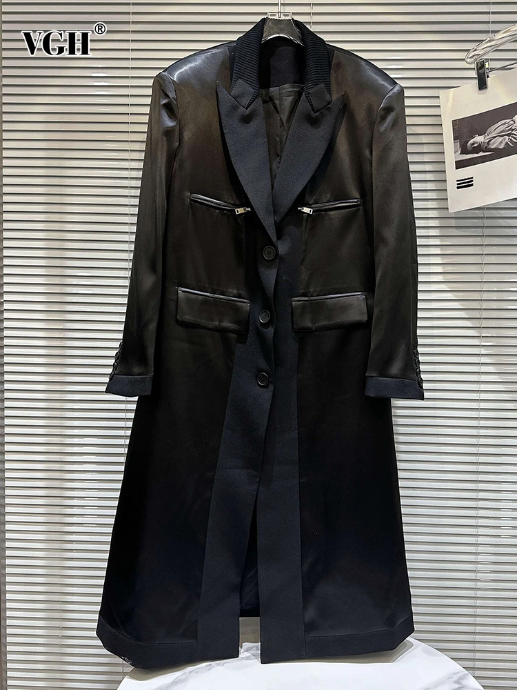 

VGH Solid Patchwork Pockets Loose Trench Noted Collar Long Sleeve Spliced Single Breasted Casual Coats Female Fashion Clothes
