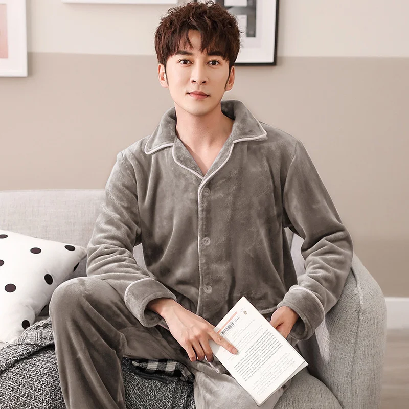 coral velvet pajamas men's autumn winter long sleeved cardigan lapel solid color flannel plush thickened warm home clothes