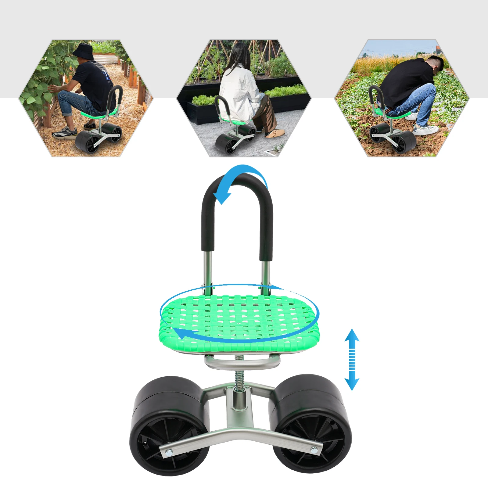 Foldable garden kneeler Garden rolling stool workseat with 2 wheels stable sturdy cart adjustable seat height and direction for gardening floor standing