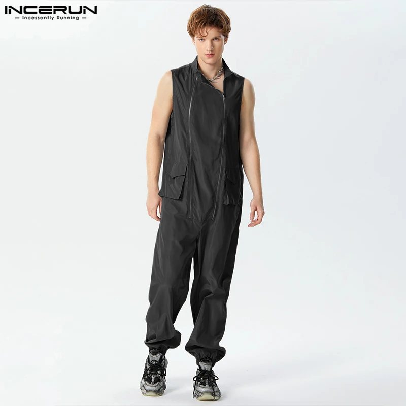 

Fashion Men Jumpsuits Solid Loose Zipper Pockets Streetwear Casual Overalls 2024 Turtleneck Sleeveless Rompers Men S-5XL INCERUN