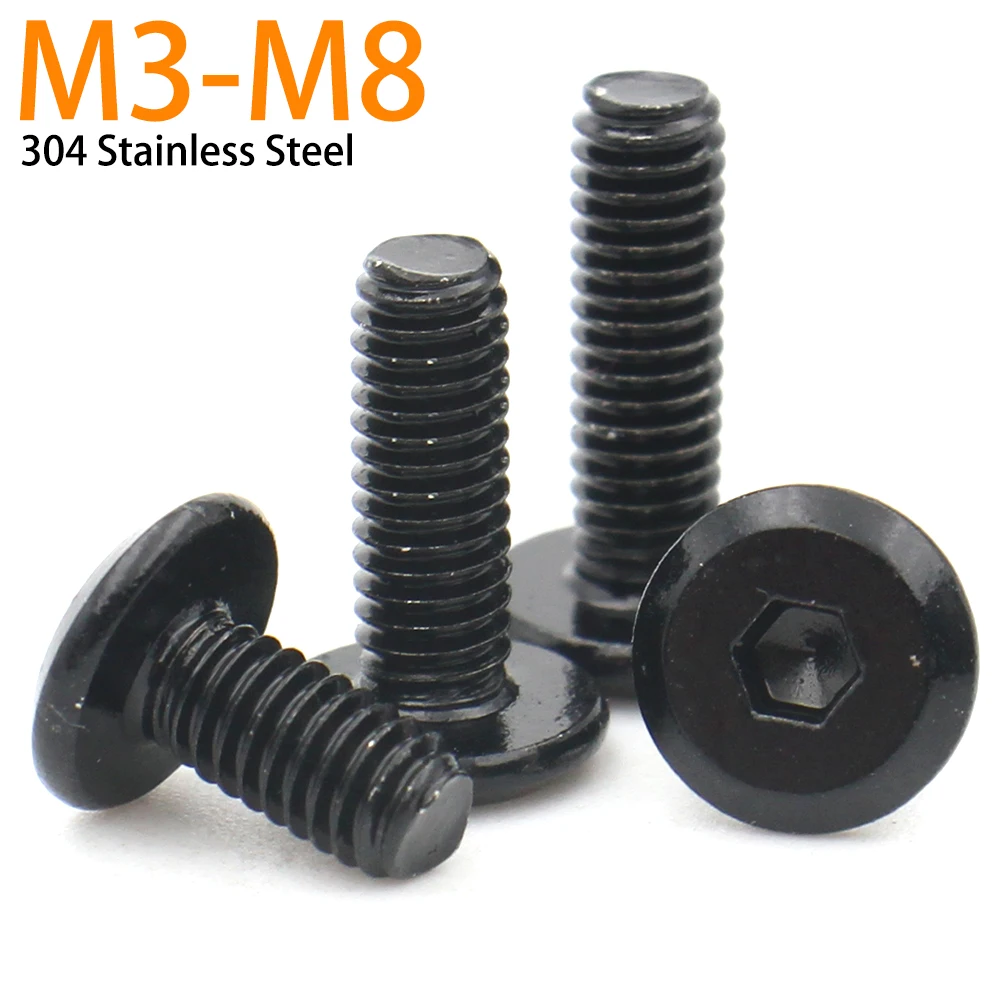 20/ 40/ 100pcs M3 M4 M5 M6 M8 Black 304 Stainless Steel Hexagon Hex Socket Large Flat Head Screw Bolt Down Side Furniture Screw