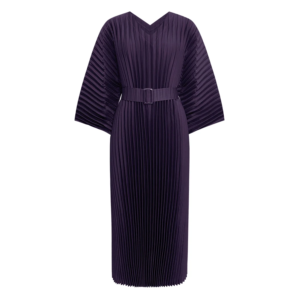 Miyake Pleated V-neck Batwing Sleeves Women Dress With Belt Causal Handmade  Wrinkles Original Designer Plus Size Clothing - AliExpress 200000345