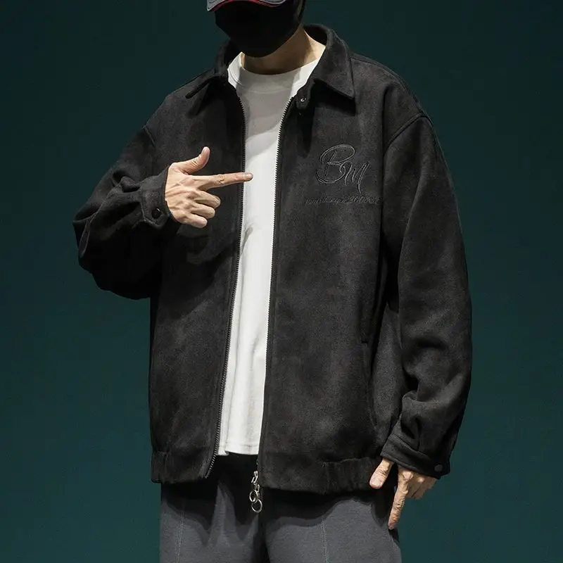 American Vintage Suede Thickened Lapel Baseball Coat Men's Autumn Winter Solid Embroidery Button Pockets Trendy Versatile Jacket