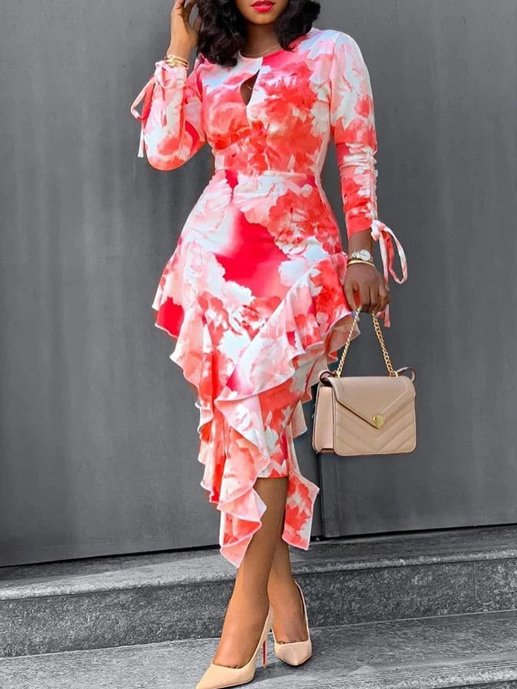 

Red Tie Dye Dresses O Neck Long Sleeve Printed Ruffles Midi Gowns for Women Evening Birthday Event Party Outfits Large Size 5XL