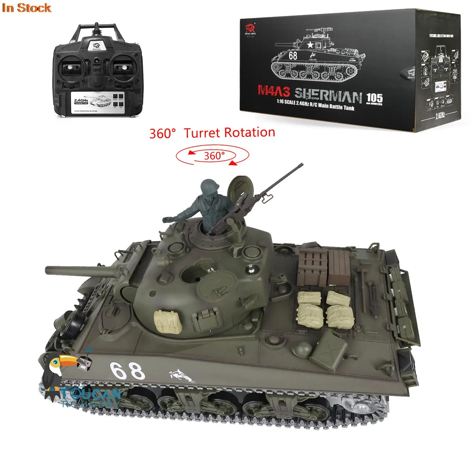 HENG LONG 1/16 Scale 7.0 Upgraded M4A3 Sherman RTR RC Tank Toys 3898 W/ 360° Turret Engine Sound Sprockets BB Shoot TH17675-SMT4 2