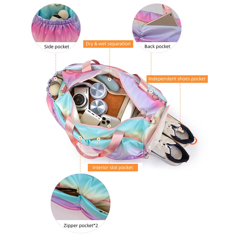 Colorful Women Gym Bag Travel Fitness Bags for Shoes Outdoor Shoulder Sports Student Bag Daily Dry Wet Handbags Duffel Yoga Pack 4