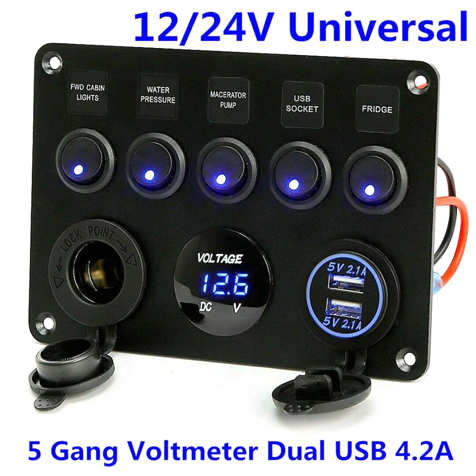 

5 Gang Blue LED Rocker Switches Multi-Functions Panel W/ 4 * Screws 12V-24V HOT