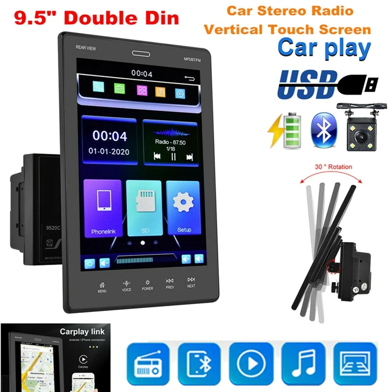 

2 Din 9.5Inch Contact Screen MP5 Player Car FM Radio For Apple/Android Carplay Bluetooth Mirror Link Navi+4 LED Camera