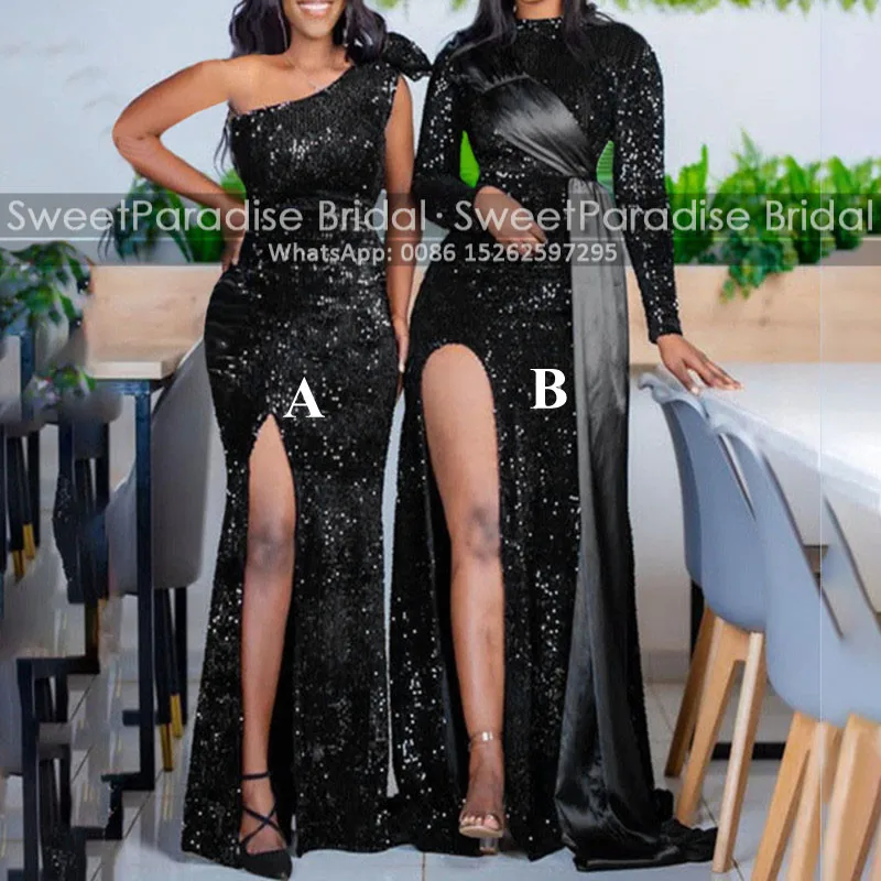 

Side Split Mermaid Evening Dress With Long Sleeves One Shoulder Black Sequins Elegant Women Prom Dresses Pageant