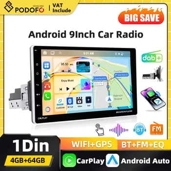 Podofo Radio de Auto con Pantalla Extraíble de 9'' Android 1 DIN, Carplay, Bluetooth, EQ, Radio FM, Mirror Link, Reproductor Multimedia para Auto, Compatible con TF/USB, Cámara de Visión Trasera 1