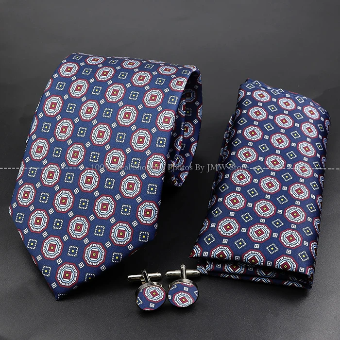 Herrenmode 7,5cm Weiche Seidenkrawatte Set mit Einstecktuch Manschettenknöpfe Boutonniere Blau Grün Orange Gepunktet Blumenmuster Krawatte für Hochzeiten – Detail 39
