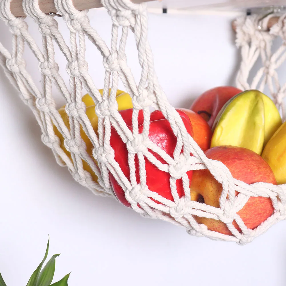 Hand-Woven Macrame Fruit Cotton Rope Net Under Cabinet Fruit Vegetable Hanging Basket Kitchen Storage Organizer Decoration