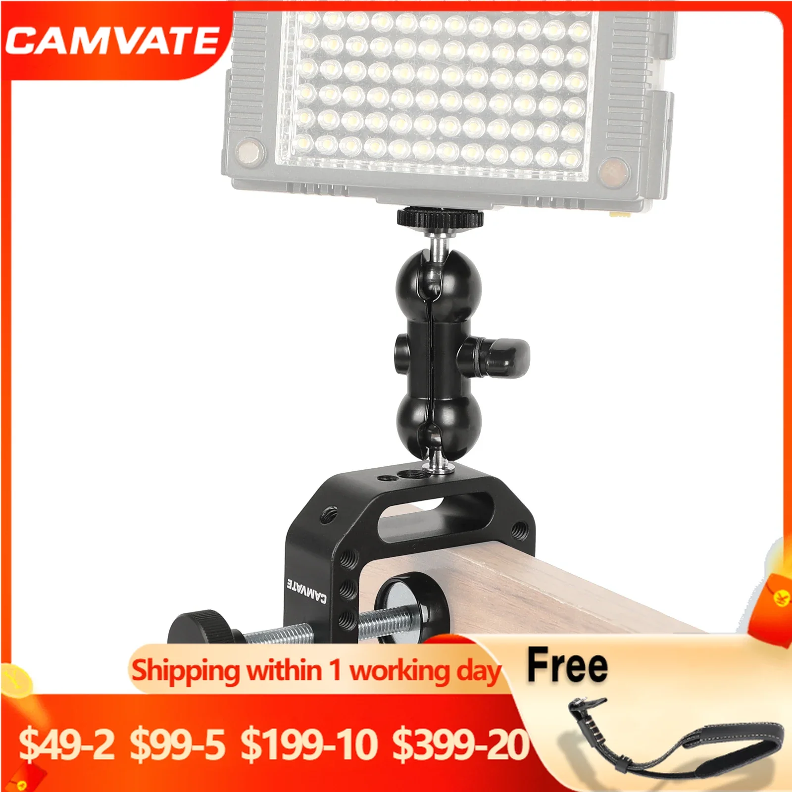 

CAMVATE C-Clamp + 360° Swivel Mini Ball Head Mount Support With 1/4"-20 Thread For LED Video Light,Monitor,Flash Light Mounting