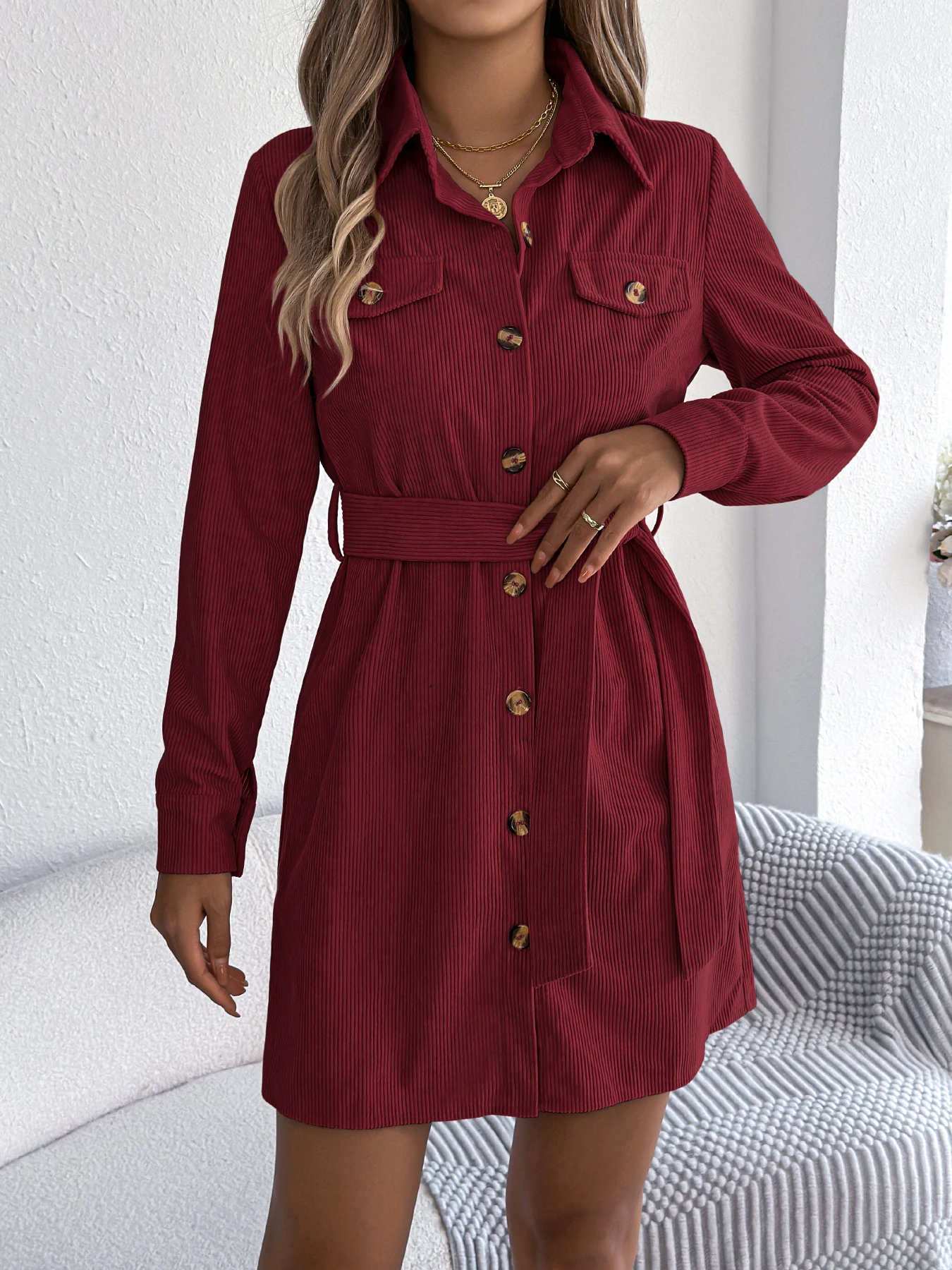 Corduroy Lace Up Dress for Women Autumn Winter