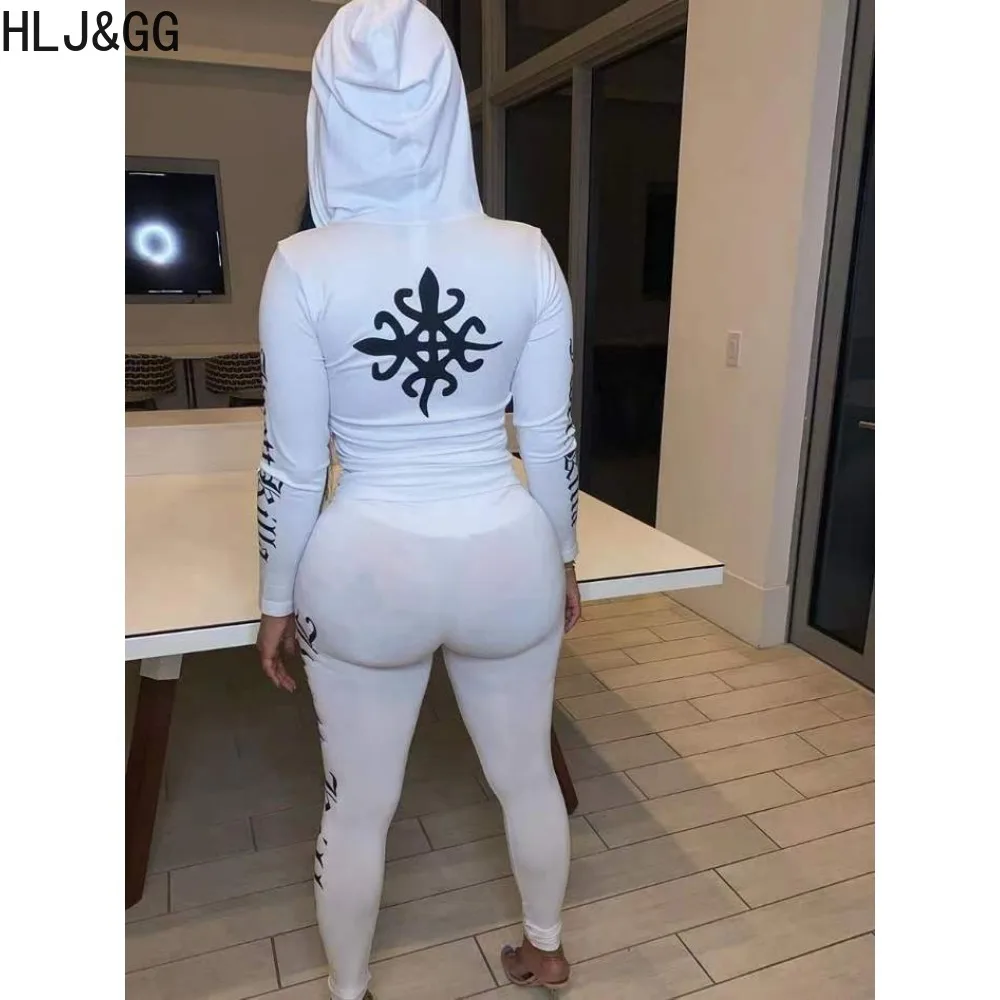 HLJ&GG Fashion Streetwear Women Letter Print Hooded Long Sleeve Zipper Top And Skinny Pants Two Piece Sets Casual 2pcs Outfits