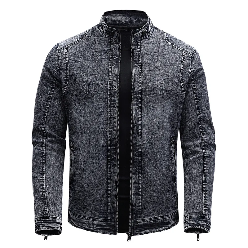 

2024 Men's Autumn New Stretch Denim Jacket Fleece-Lined Stand-up Collar Slim Fit Trendy Youth Casual Jacket
