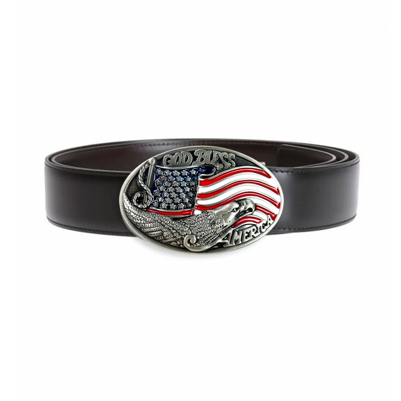 4cm National Enamel American Flag Silver Eagle Men Belt Buckle Men\'s God Bless Oval Leather Craft Male Strap Jeans Accessories