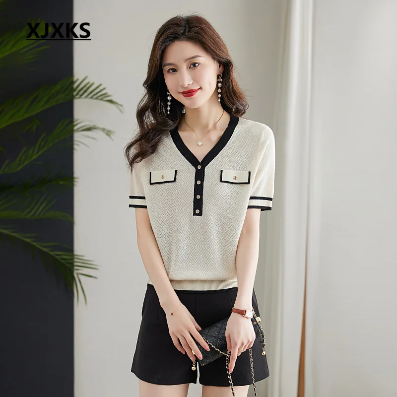 

XJXKS 2023 Summer New Fashion V-neck Short-sleeved Top High-quality Mulberry Silk Knit T-shirt Ladies Pullover