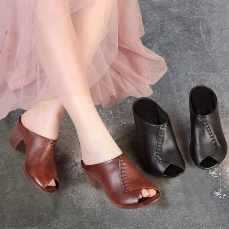 Women's Slippers Retro Fish Mouth Sandals Summer Peep Toe Slippers for Women Casual PU Leather Designer Sandals