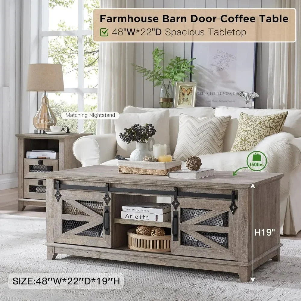48'' Coffee Table with Storage & Sliding Barn Doors, Cocktail Table Adjustable Shelves, Table for Meeting Room, Light Rustic Oak 2