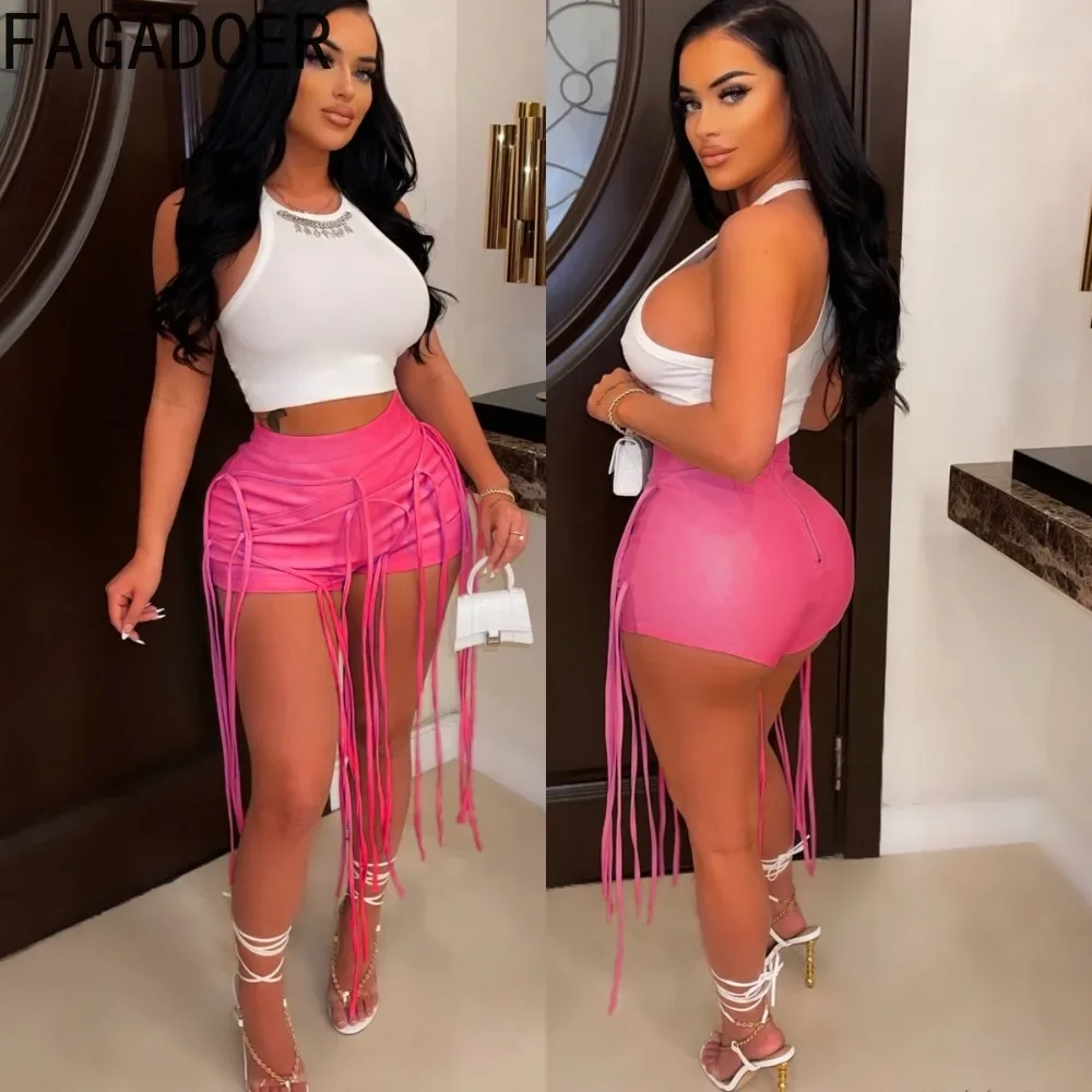 FAGADOER Fashion Street Y2K Hot Girl Clothing Women PU Leather High Waist Skinny Shorts Casual Solid Color Tassels Bottoms 2023