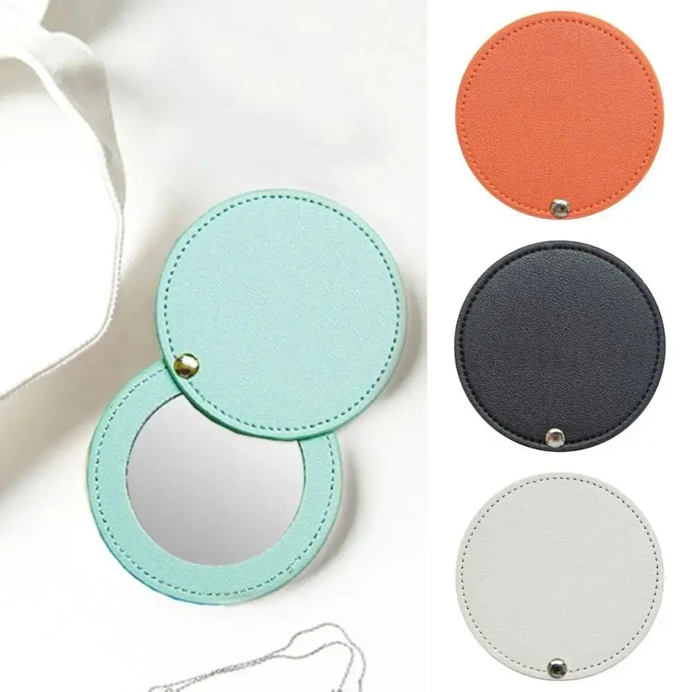 PU Leather Makeup Mirror 1pc Round Ultra-Thin Lightweight Cosmetic Mirror Mini Solid Color Portable Travel Pocket