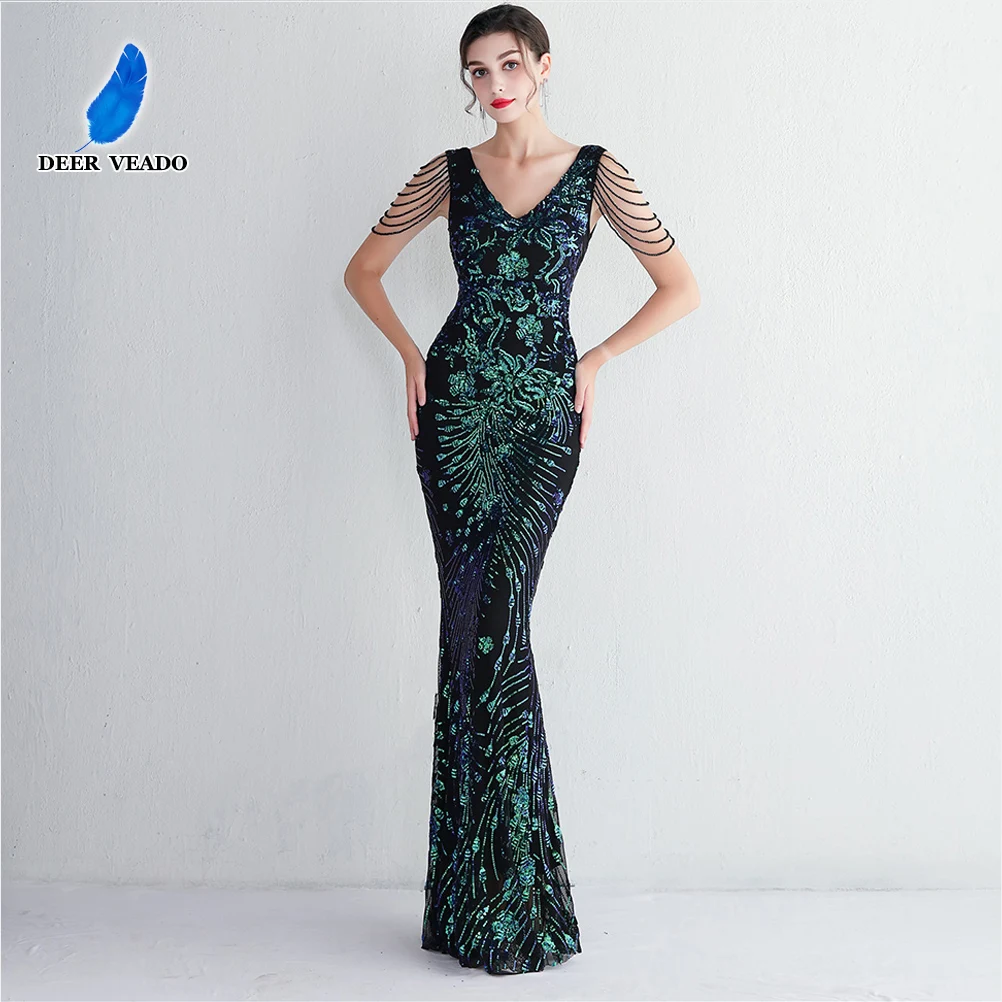 Sexy V Neck Mermaid Evening Dress Long Formal Prom Party Gown Full Sequin long Sleeve Galadress Vestidos Occassion Dress main image 1