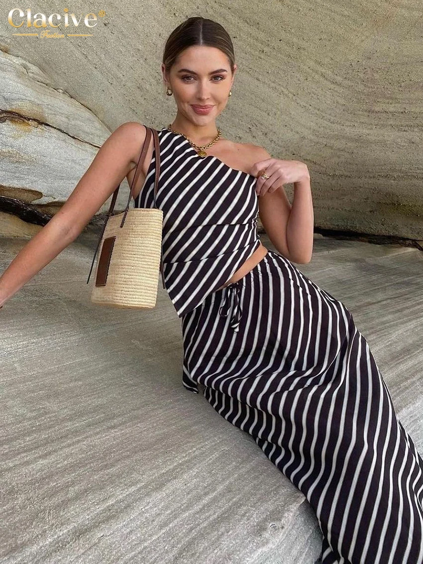 Clacive Summer Slim Stripe Print 2 Piece Set Women Outfit 2024 Sexy One Shoulder Crop Top With High Waist Long Skirts Set Female