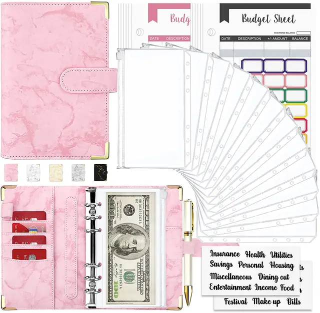 28Pcs Money Budget Planner Binder with Zipper Envelopes, Cash Envelopes for Budgeting, Money Organizer for A6 Cash Budget Binder Pink Marble-28pcs