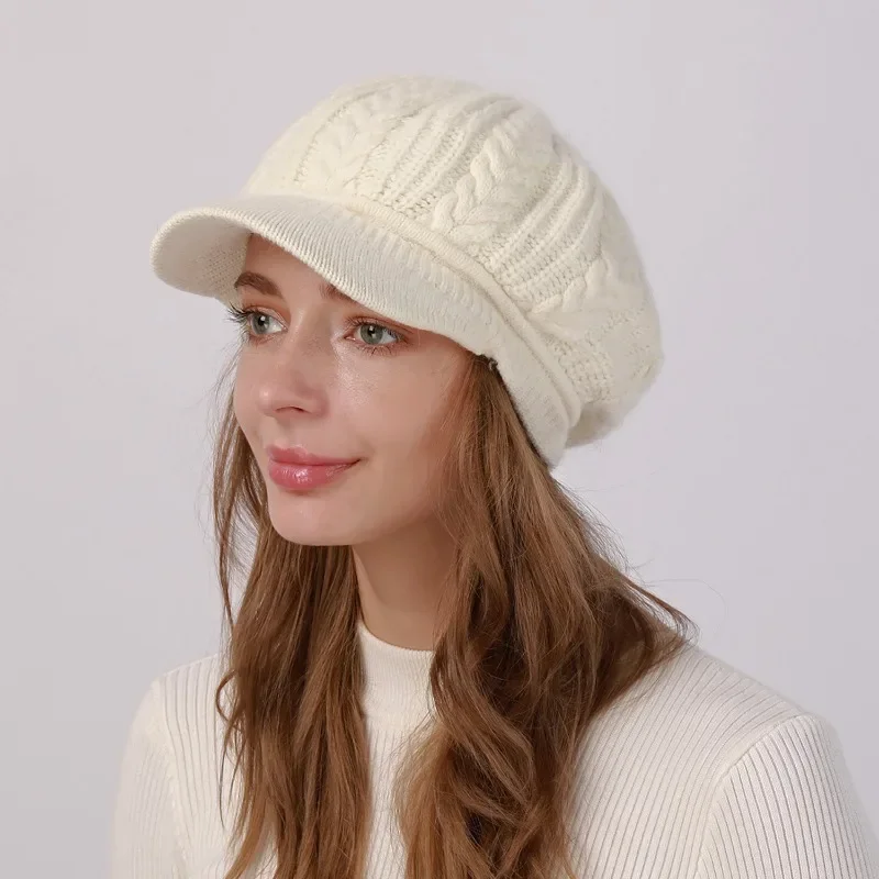 

High Quality Wool Women Winter Warm Slouchy Cable Knit Beanie Skull Beret Hat with Visor Outdoor Thicken Lady Bonnet Gorros