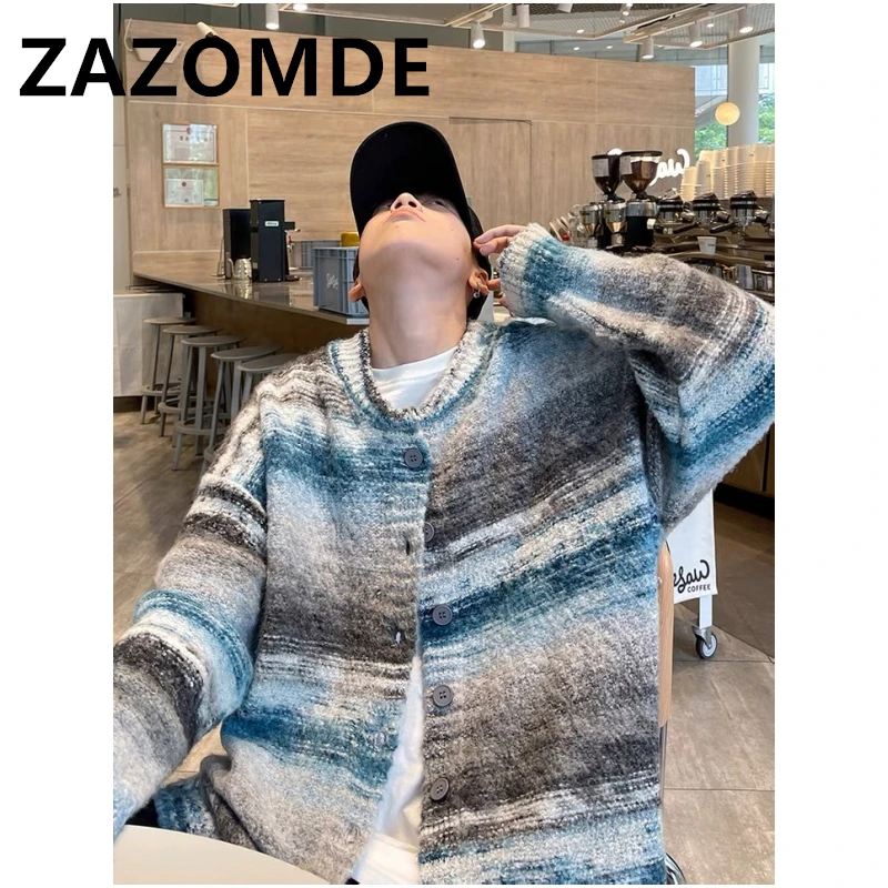 ZAZOMDE 가을 레트로 스트라이프 가디건 스웨터, Y2K 상의, 캐주얼 스웨터 코트, 패션 루즈 니트 점퍼, 하라주쿠 커플 스웨터