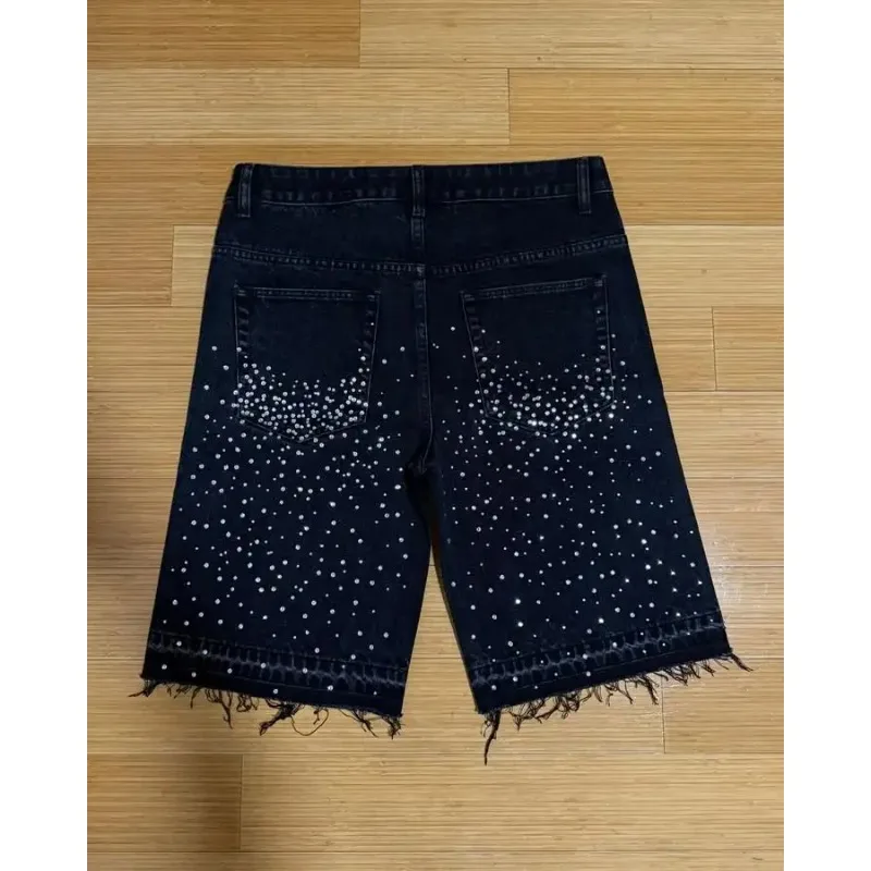 Cross hot diamond embroidery oversized denim shorts for men summer comfortable casual skateboarding