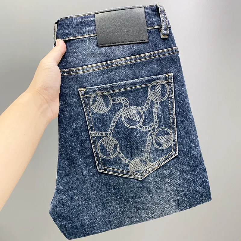 2023 Autumn/winter New High-end Jeans Men's Korean Version Slims Smooths Your Silhouette Small Straight-leg Printing Pants