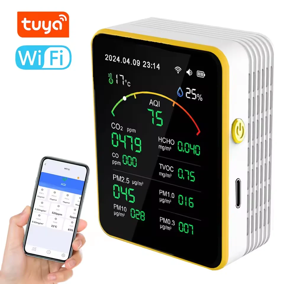 Tuya WiFi 15 in 1 Air Quality Detector TFT Display Portable AQI PM0.3 PM1.0 PM2.5 PM10 CO CO2 TVOC HCHC Tester Phone APP Control