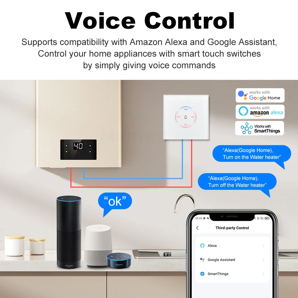 Tuya WiFi Smart EU Boiler Switch 40A EU Standard Smart Water Heater Touch Switch With Countdown Function For Alexa Google Home