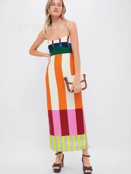 Elegante abito lungo da festa a vita alta 2025 Moda casual Nuove donne colorate a righe Abiti misti bohémien con cinturino per spaghetti sexy