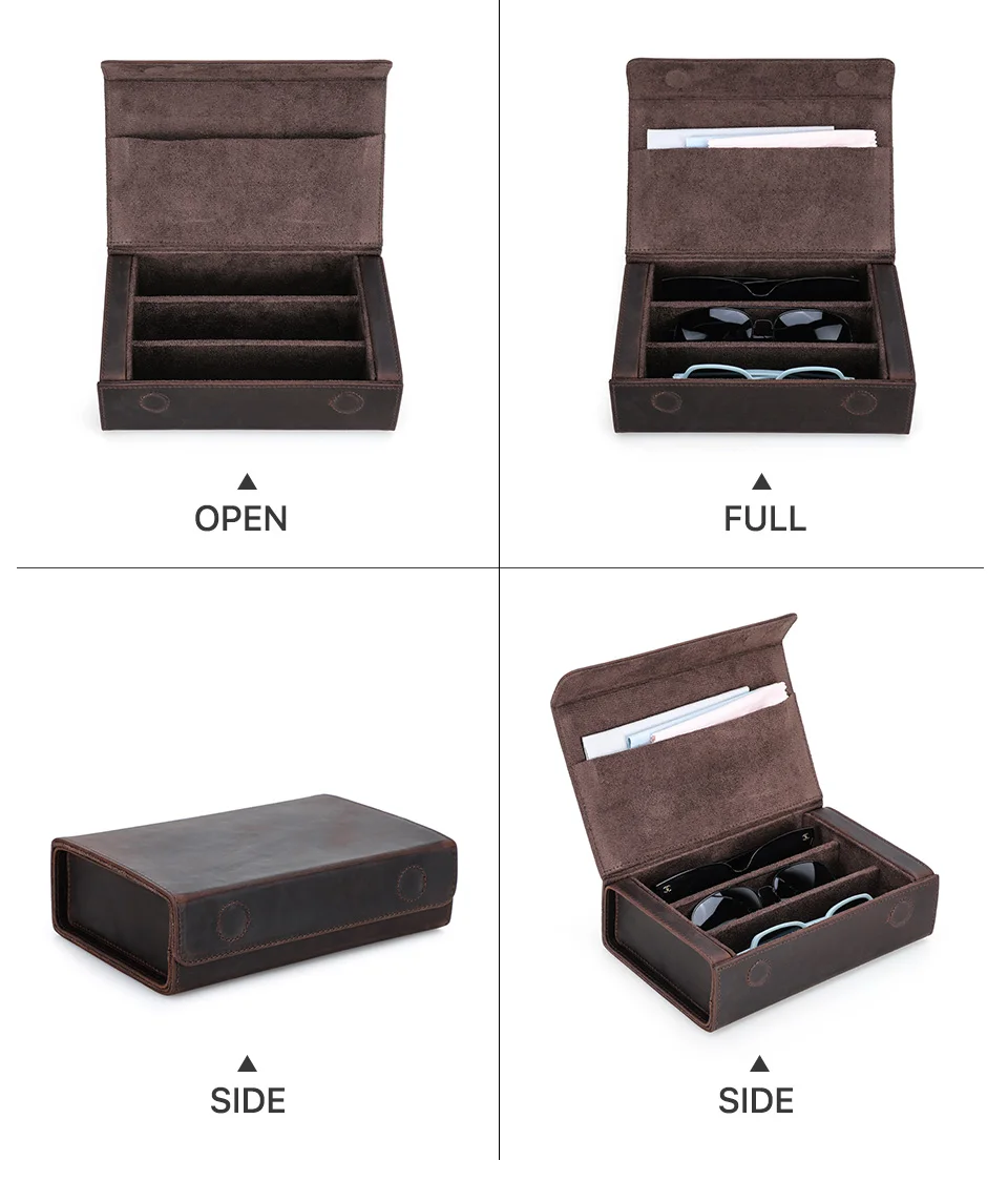 Echt leder 3 Slots Sonnenbrille Fall Frauen Männer Brillen Organizer Box Vintage Brillen Schutzbrille Box – Detail 6