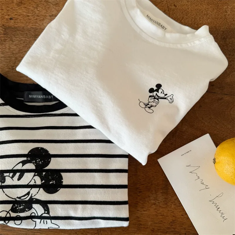 Kids Long-sleeved Shirts for Spring Casual Stripe Tops For Boys Girls Mickey Print Round Neck Base Shirt Baby Cute Fashion Top