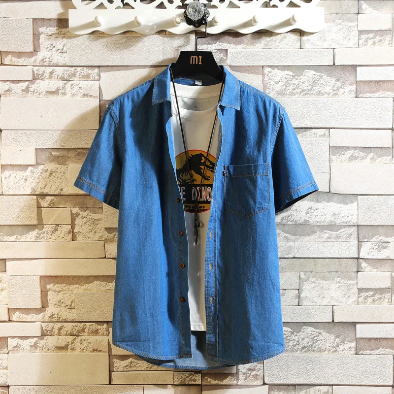 Men's Blue Denim Shirts Short Sleeve Jean Shirts Summer Men Cotton Light Blue Denim Plus size M-4XL casual short sleeved shirt short sleeved shirt