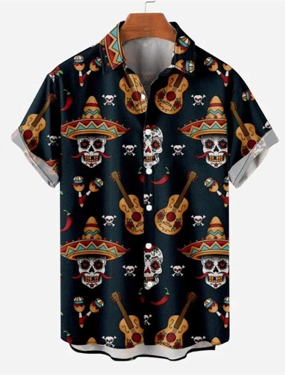 

Men's Shirt Skull Guitar Print men's Hawaiian Lapel Top Beach Casual And Comfortable men's short-sleeved Shirt 2024 New Style