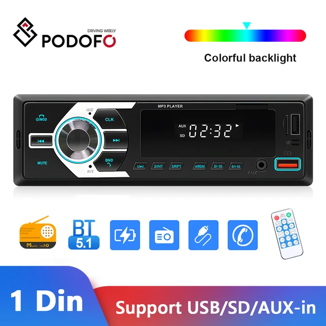 Podofo 1 DIN Car Radio Stereo 12V Double Bluetooth Head Unit Colorful  Lights USB/SD/AUX-IN Interface In-Dash Car MP3 Player - AliExpress