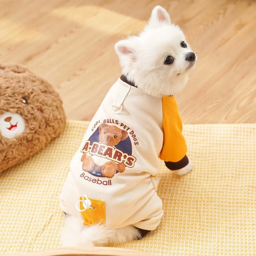 두꺼운 강아지 점프수트 곰 패턴 편안한 강아지 플리스 후드티 D링 조절 가능 강아지 따뜻한 잠옷 일상 산책용