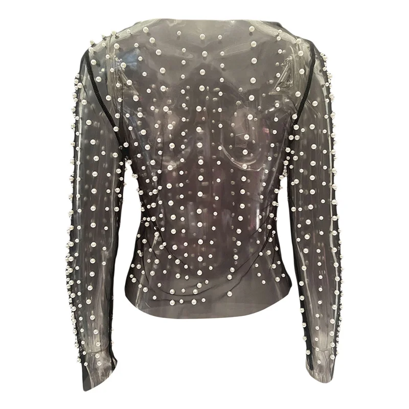 Sheer Mesh Top with Pearls Women y2k Clothing See Through Round Neck Long Sleeve T Shirt 2000s Clothes Party Clubwear