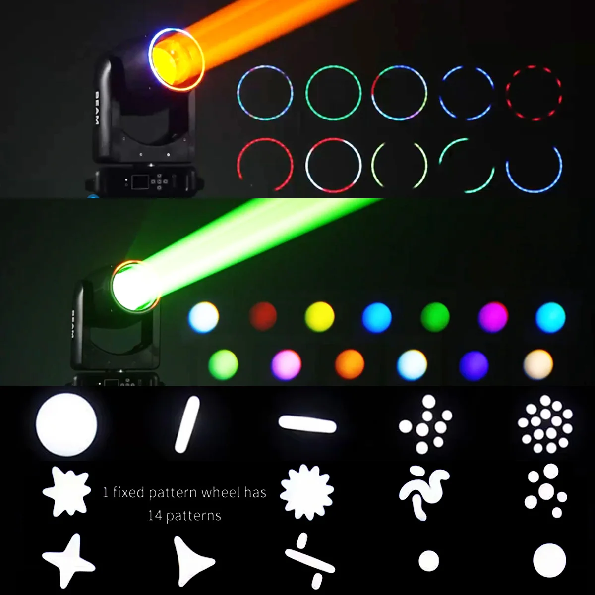 Mini 295W Moving Head Light with LED Ring Beam+Spot+13 Patterns+Dual Prism Stage