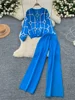 Basics Print Knit Two Pieces Sets Autumn Winter Single Breasted Cardigan+Wide Leg Long Pants Fashion Streetwear Suits 4