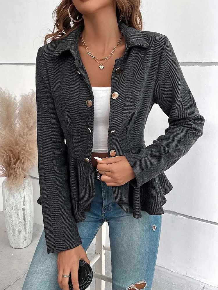 Elegant Blazer For Women Casual Ruffle Long Sleeve Jackrt Fashion Striped Coats Autumn Winter New In Outerwears 2023