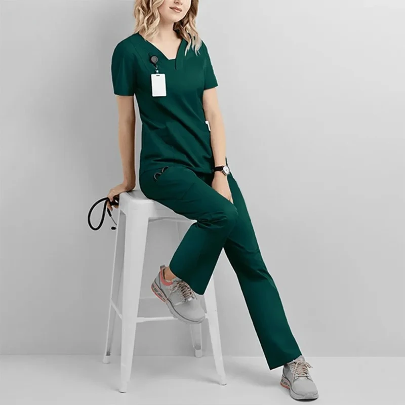 

2024 NEW Scrub Suits Dental Hospital Uniform Set Solid Color Unisex Surgical Gown Pocket V-neck Scrubs Sets For Women