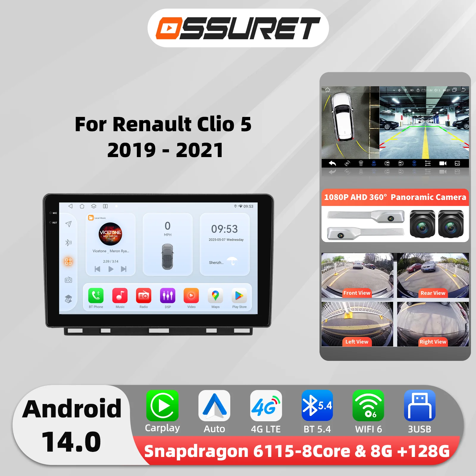 Snapdragon 8-Kern Android 14 Autoradio für Renault Clio 5 2019 2020 2021 Carplay 360-Grad-Kamera Auto-Multimedia-Player GPS-Stereoanlage