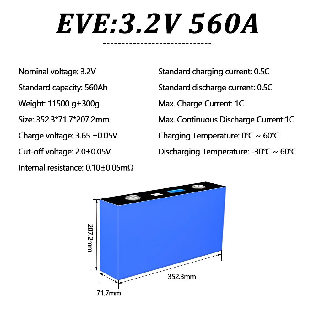EVE MB56 Grade A 3.2V 628Ah Lifepo4 Battery 12000cycle LFP Prismatic High rate Cells For 12V 48V Battery Pack