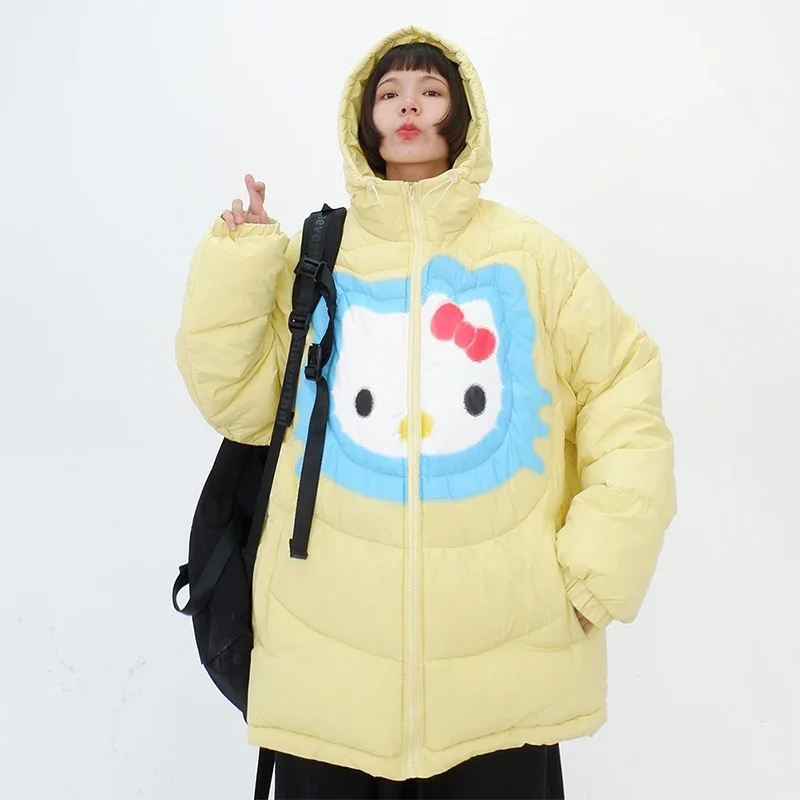

Стеганая куртка Sanrios Hello Kitty, новинка, Женское зимнее свободное утепленное американское студенческое пальто из хлопка в стиле каваи аниме с героями мультфильмов, допамин, Y2K